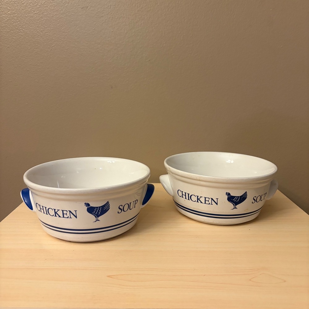 Vintage 1985 FTDA Chicken Soup Bowls Set of 2 Ceramic Crocks Blue White Korea